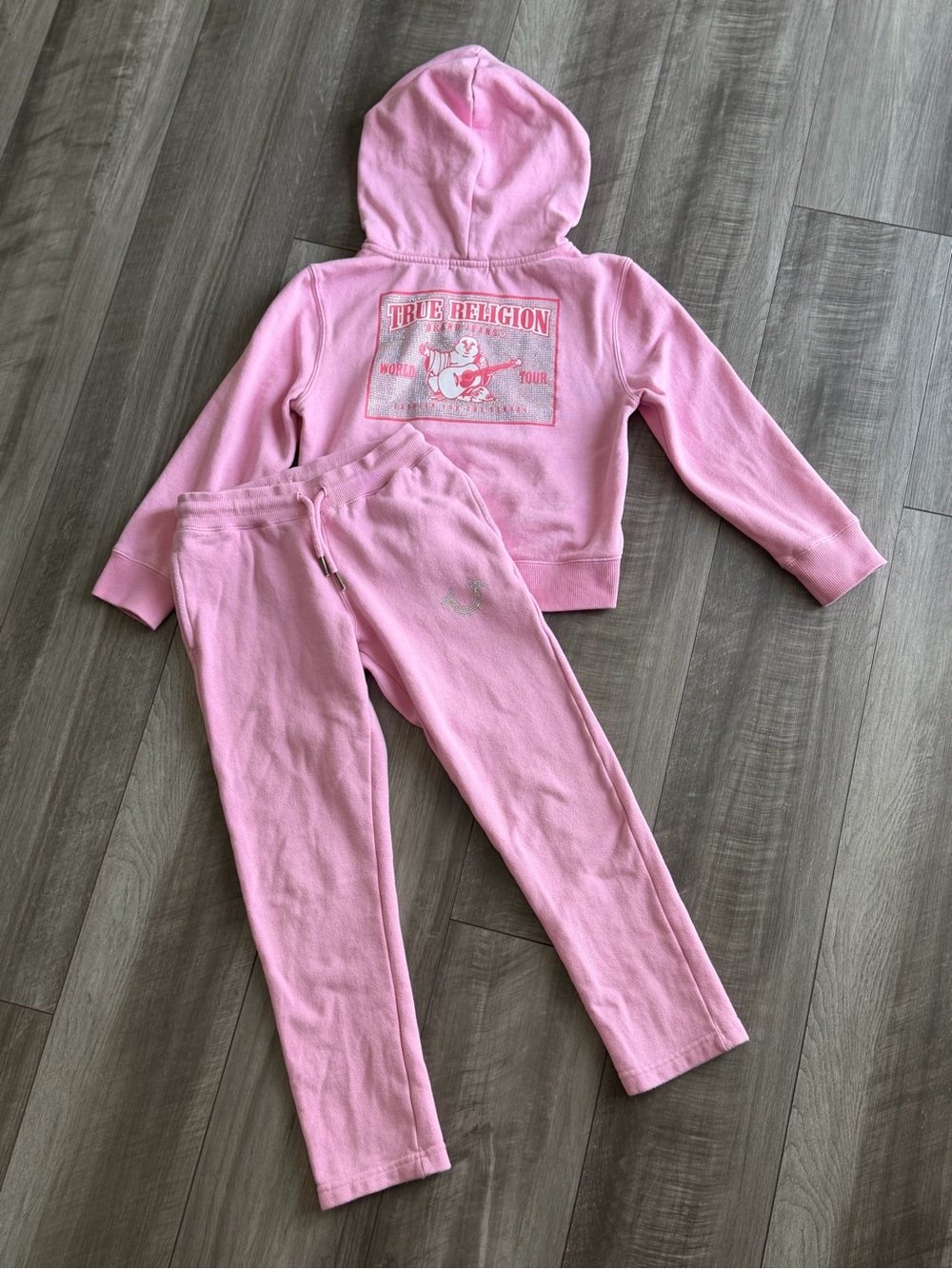 Girls True Religion Pink 2-Piece Sweat Set Rhinestone Graphic Full Zip Sz M